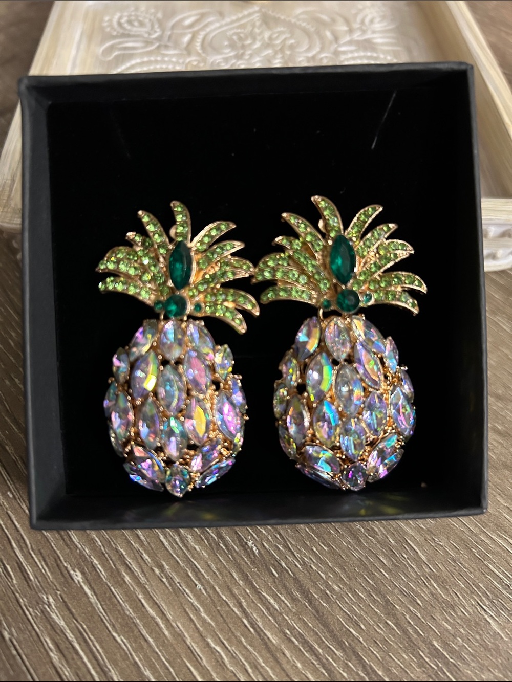Crystal Pineapple Drop Earrings - Green & Iridescent
